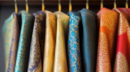 Colorful dhotis with golden patterns hanging neatly on hangers, minimal background highlighting the luxurious fabricas richness.の素材
