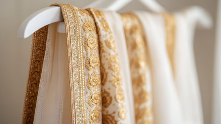 Luxurious dhoti with intricate golden designs, draped on a white hanger, clean, simple background to highlight elegance.の素材