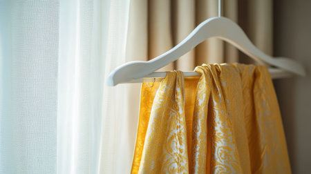 Golden-patterned dhoti hanging delicately on a white hanger, set against a plain, minimalistic background for a timeless elegance.の素材