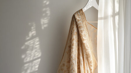 Delicately embroidered gold dhoti, hanging on a pristine white hanger, minimalistic background for a sophisticated aesthetic.の素材