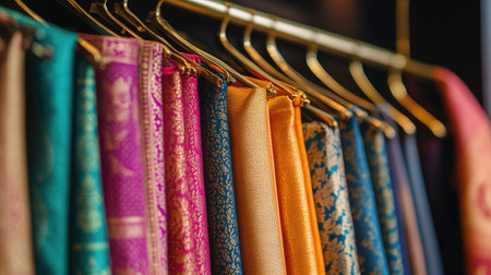 Colorful dhotis with golden patterns hanging neatly on hangers, minimal background highlighting the luxurious fabricas richness.の素材