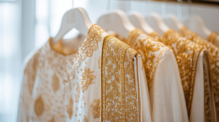 Exquisite gold-embroidered dhoti, displayed on a pristine white hanger, minimalistic backdrop for a timeless and elegant look.の素材