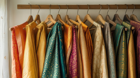 Elegant array of silk dhotis in vibrant hues, draped on hangers, soft background emphasizing their opulent textures.の素材