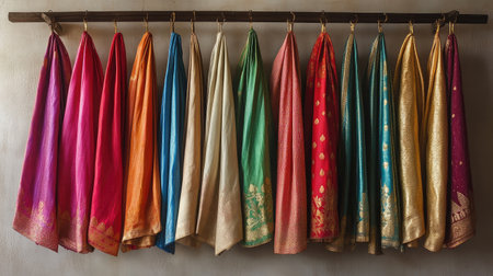 Dhotis in various colors with golden embroidery, hanging gracefully on hangers, simple backdrop for an elegant display.の素材