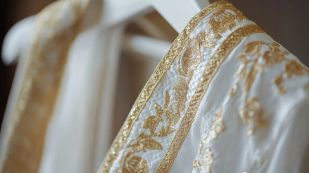 Exquisite gold-embroidered dhoti, displayed on a pristine white hanger, minimalistic backdrop for a timeless and elegant look.の素材