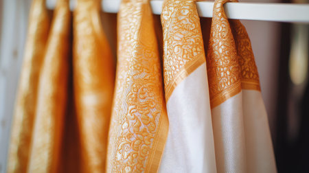 Luxurious dhoti with intricate golden designs, draped on a white hanger, clean, simple background to highlight elegance.の素材