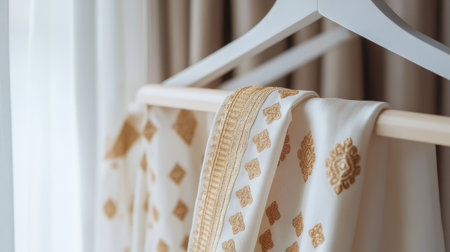 Luxurious dhoti with golden motifs, neatly draped on a sleek white hanger, simple, neutral background emphasizing its elegance.の素材
