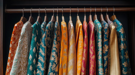 Luxurious dhotis in multicolored designs, neatly hung on hangers, photographed against a simple, neutral background.の素材