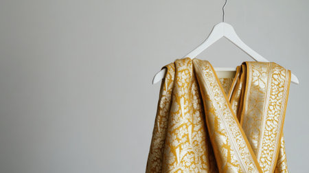 Luxurious dhoti with intricate gold patterns, elegantly draped on a sleek white hanger, set against a plain background, emphasizing simplicity.の素材