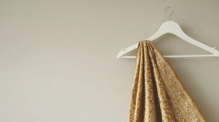 Golden-patterned dhoti hanging delicately on a white hanger, set against a plain, minimalistic background for a timeless elegance.の素材