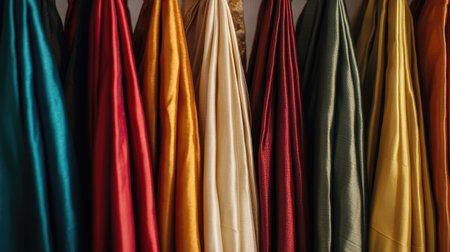 Luxurious silk dhotis in a variety of colors, gracefully draped on hangers, simple background emphasizing their elegance.の素材