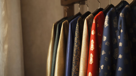 Luxurious dhotis in various colors, neatly displayed on hangers, minimalist background highlighting the richness of the fabric.の素材