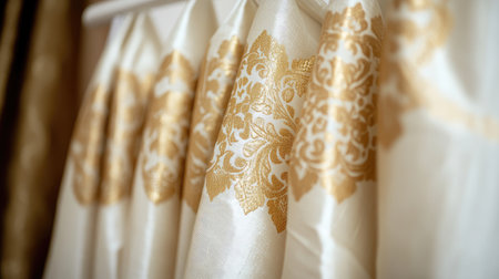 Richly textured dhoti with intricate gold designs on a white hanger, simple backdrop highlighting its opulence and refinement.の素材