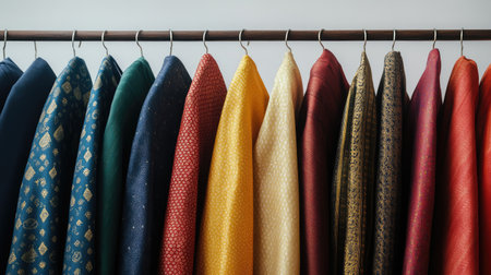 Luxurious dhotis in various colors, neatly displayed on hangers, minimalist background highlighting the richness of the fabric.の素材