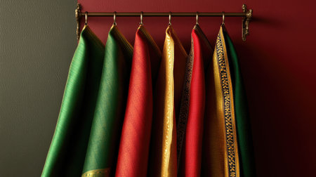 Luxurious dhotis in red, gold, and green, hanging on hangers, minimalist background highlighting their opulence.の素材