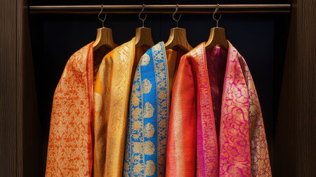 Multicolored dhotis with golden detailing, hanging gracefully on sleek hangers, simple backdrop for a timeless look.の素材