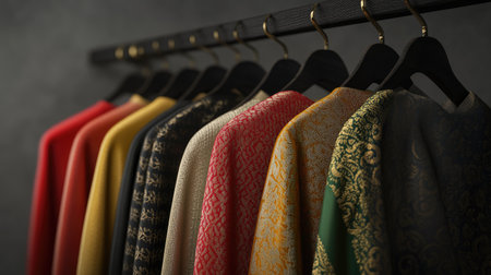 Multicolored silk dhotis with golden embroidery, elegantly displayed on sleek hangers, minimal background highlighting their richness.の素材