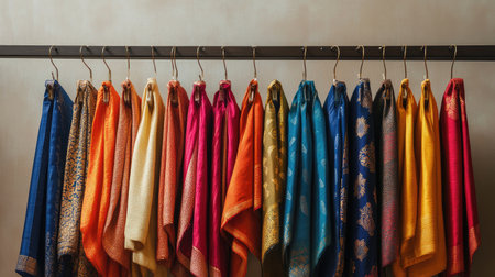 Rich dhotis in various vibrant colors, hanging on hangers with a minimalist background for a luxurious presentation.の素材