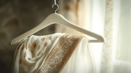 Stunning dhoti with gold embroidery, gracefully draped on a sleek white hanger, photographed against a muted, soft background.の素材