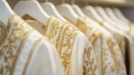 Traditional dhoti adorned with gold embroidery, elegantly displayed on a white hanger with a soft, clean background.の素材