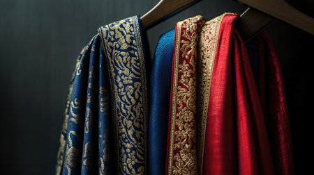 Richly textured dhotis in red, blue, and gold hanging on sleek hangers, minimalist background highlighting their luxury.の素材
