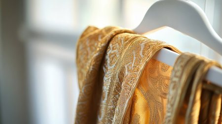 Luxurious gold-patterned dhoti displayed on a white hanger, photographed with a soft, clean background to accentuate its rich texture.の素材