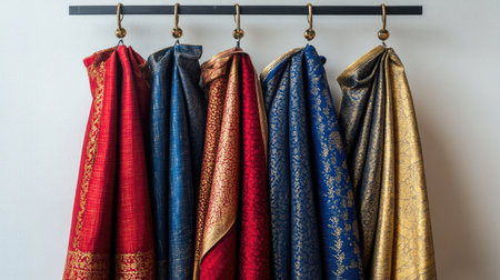 Richly textured dhotis in red, blue, and gold hanging on sleek hangers, minimalist background highlighting their luxury.の素材