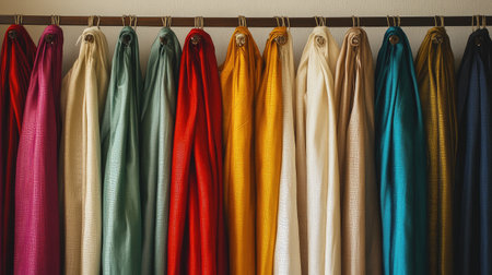 Luxurious silk dhotis in a variety of colors, gracefully draped on hangers, simple background emphasizing their elegance.の素材