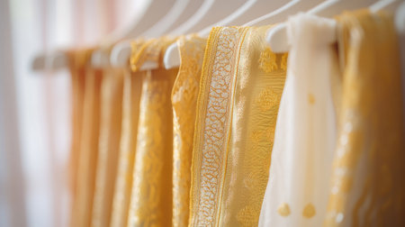 Traditional gold-embroidered dhoti, hanging neatly on a white hanger with a soft, clean background for an upscale look.の素材