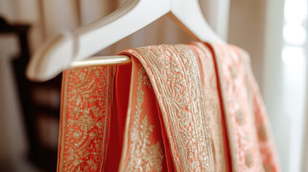 Traditional dhoti with intricate gold embroidery, gracefully suspended on a white hanger, simple background highlighting elegance.の素材