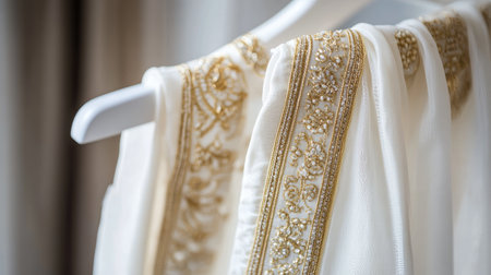 Traditional dhoti adorned with gold embroidery, gently hanging on a white hanger with a simple, neutral background.の素材