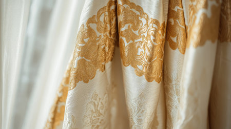 Richly textured dhoti with intricate gold designs on a white hanger, simple backdrop highlighting its opulence and refinement.の素材