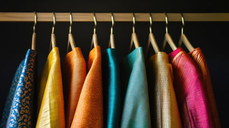 Vibrant dhotis in bold shades, hanging on sleek hangers, minimalist background emphasizing their rich texture.の素材