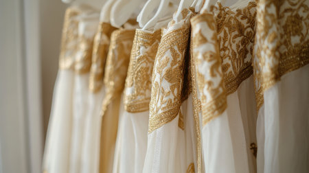 Traditional dhoti adorned with gold embroidery, elegantly displayed on a white hanger with a soft, clean background.の素材