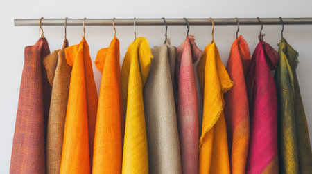 Vibrant dhotis in bold shades, hanging on sleek hangers, minimalist background emphasizing their rich texture.の素材