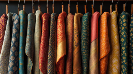 Richly patterned dhotis in various colors, hanging neatly on hangers, minimalist background emphasizing their luxury.の素材