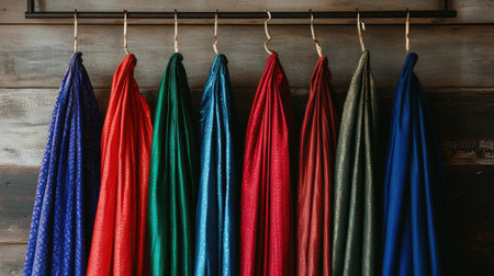 Vibrant dhotis in shades of red, blue, and green, neatly displayed on sleek hangers, photographed against a simple backdrop.の素材