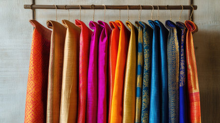 Vibrant dhotis in various shades, hung on hangers against a simple, neutral background to emphasize their luxurious feel.の素材