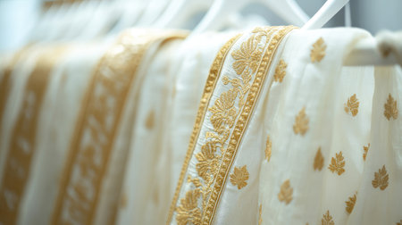 Traditional dhoti adorned with gold embroidery, elegantly displayed on a white hanger with a soft, clean background.の素材