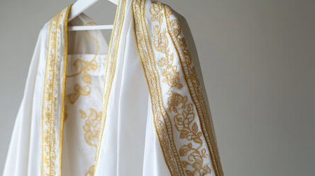 Traditional dhoti adorned with gold embroidery, gently hanging on a white hanger with a simple, neutral background.の素材