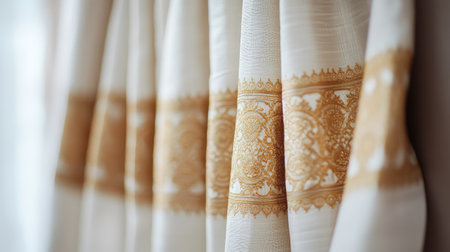 Richly textured dhoti with intricate gold designs on a white hanger, simple backdrop highlighting its opulence and refinement.の素材