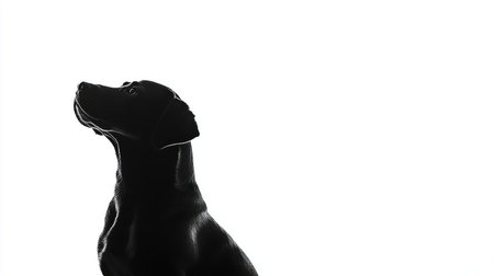 A black silhouette of a dog sitting patiently, contrasting against a vivid white background, showcasing minimalist beauty.の素材