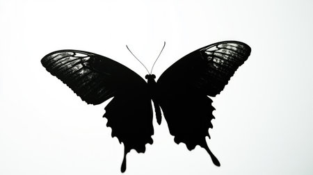 A butterflyas silhouette in solid black, its delicate wings outlined against a bright white backdrop, creating striking visual contrast.の素材