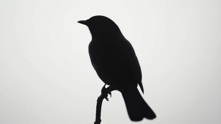 Silhouette of a black bird perched delicately, contrasting against a pure white background for a visually striking minimalist effect.の素材