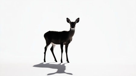 A black silhouette of a deer standing calmly, strikingly outlined against a bright white backdrop, emphasizing simplicity and elegance.の素材