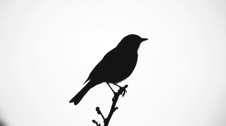 A black silhouette of a perched bird, sharply outlined against a brilliant white background, offering strong visual contrast and simplicity.の素材