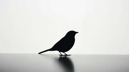 A lone bird in black silhouette, sitting still against a clean white backdrop, creating a simple yet impactful visual.の素材