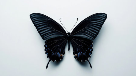 A single butterfly in black silhouette, wings open wide, against a clean white background for a bold minimalist visual.の素材