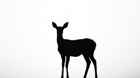A lone deer in black silhouette, its graceful form boldly contrasting with a clean white backdrop in a simple, powerful scene.の素材