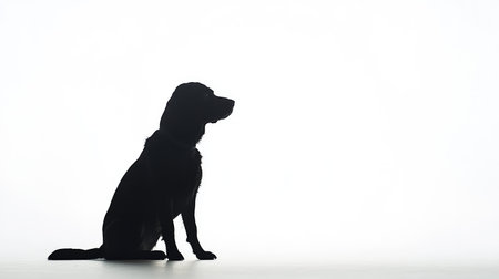 A black silhouette of a dog sitting patiently, contrasting against a vivid white background, showcasing minimalist beauty.の素材